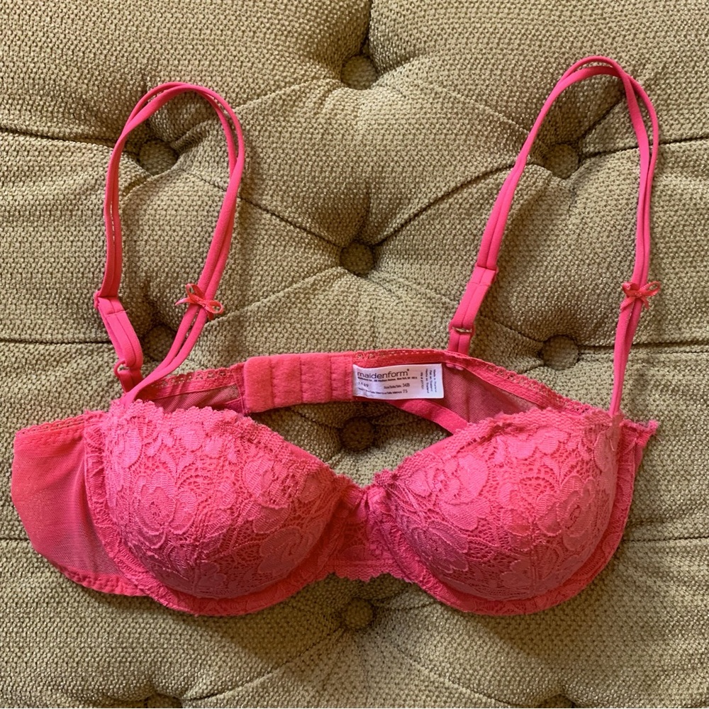 Maidenform Bra 34B 3549 Coral/Pink Underwire Lace Balconette Bows Thin Straps